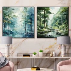 there are two paintings on the wall in this living room