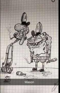 a drawing of two cartoon characters, one is holding an object and the other is looking at