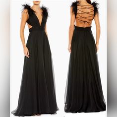 This Floor-Length Mac Duggal Gown Is Detailed With Feather-Trimmed Shoulders And A Cut-Out Waist. V-Neck Sleeveless Lace-Up Back Back Zipper Closure 100% Polyester Lining: 100% Polyester Spot Clean Imported Size & Fit About 62.5" From Shoulder To Hem Model Measurements: 5'10" Tall Model Is Wearing A Us Size 4 Approx Sizes Bust 16", Waist 17 1/2", Hips 18 1/4" There Is Deodorant Marks On Armpit From Someone Trying On In Store However This Can Be Spot Cleaned And Come Out. I Cannot Due Secondary T Evening Floor-length Gown With Feathers, Floor-length Evening Dress With Feather Trim For Gala, Formal Floor-length Feathered Gown, Elegant Feathered Evening Gown, Feathered Floor-length Evening Dress, Evening Gown With Feathers Floor-length, Elegant Floor-length Evening Dress With Feathers, Elegant Formal Gown With Feathers, Floor-length Feathered Gown For Gala