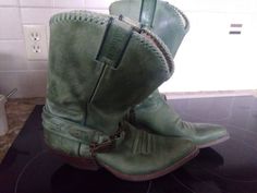 Green Sancho Cowboy Boots Casual Moto Boots For Ranch In Winter, Rugged Green High-top Boots, Round Toe Moto Boots For Ranch In Winter, Casual Ankle Moto Boots For Rodeo, Green Western Ankle Boots, Green Western Style Ankle Boots, Casual Ranch Snip Toe Boots, Casual Snip Toe Ranch Boots, Casual Snip Toe Moto Boots For Rodeo