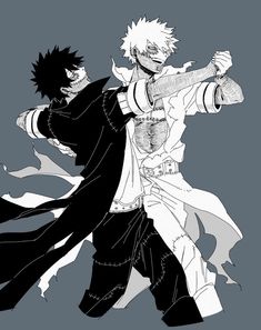 two anime characters in black and white with one holding the other's arm out