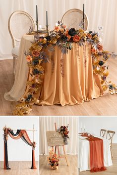 the table is decorated with orange and black flowers, gold ribbons, and silver chairs