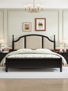 Elevate your bedroom decor with this elegant black wood bed, featuring a gracefully curved upholstered headboard. The soft beige fabric provides a comfortable and stylish touch, while the solid black wood frame ensures durability and a classic look. Perfect for adding a sophisticated and cozy ambiance to your bedroom, this bed seamlessly blends traditional charm with contemporary design. Create a serene and stylish retreat with this stunning bed. Black Wood Bed, Bed With Upholstered Headboard, Traditional Bedroom Design, Elegant Bed, Wooden Bed Design, Elegant Bedding, Cozy Ambiance, Wood Bed, Shared Bedrooms