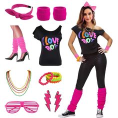 a woman is dressed up in pink and black with accessories for her halloween costume party