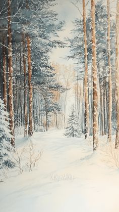 a painting of snow covered trees in the woods