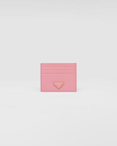 Petal Pink Saffiano Leather Card Holder | PRADA Prada Pink, Porcelain Candle, Iphone App Design, Leather Card Holder, Girl Things, Tableware Collection, Triangle Logo, Tableware Set