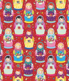 a red background with many dolls and flowers on it's sides, all in different colors