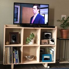 a flat screen tv sitting on top of a wooden shelf next to a potted plant