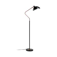 a black floor lamp on a white background with the light turned on and one arm extended