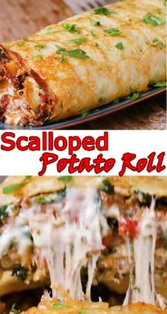 two pictures with different types of food and the words scalloped pizza roll on it