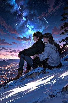 two people sitting on top of a snow covered hill under a night sky filled with stars