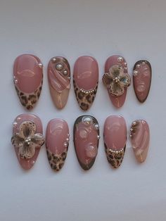 Handmade leopard print press on nails with 3d painted flowers🐆🌸 Easy application and can be reused multiple times. Nails Acrylic Lepord Print, Christmas Almost Nails, 3d Leopard Nails, Matte Cheetah Print Nails, Dark Red Leopard Print Nails, Square Junk Nails, Brown Animal Print Nails, Vintage Fall Nails, 2006 Nails