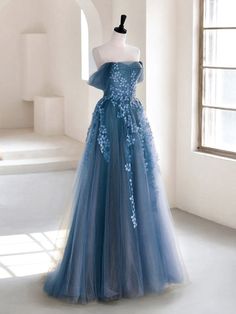 Blue Long Formal Dress, Off Shoulder Tulle, Boho Prom Dress, Boho Prom, Tulle Long Prom Dress, Prom Inspo, Long Formal Dress, Tulle Sleeves, Blue Tulle