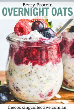 berry protein overnight oats in a glass jar with berries and blueberries on top