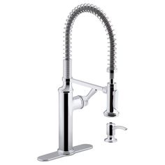 a kitchen sink faucet with chrome finish