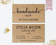 two business cards with the words handmade by stella wilson and gold confetti