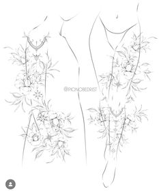 the back and side view of a woman's body with flowers on her stomach