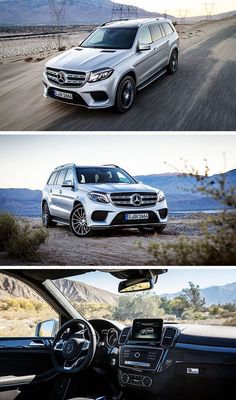 three different views of the inside and outside of a mercedes gls class suv, from front to back