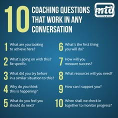 an info sheet with the words 10 coaching questions that work in any conversation