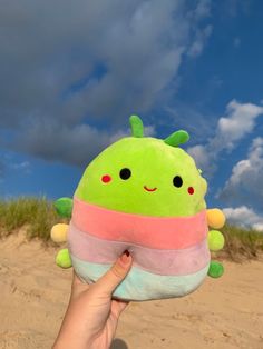 a hand holding up a stuffed animal on the beach with clouds in the sky behind it