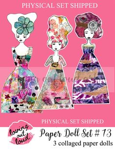 three paper doll dolls with different designs on the front and back, each in different colors