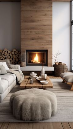 a living room filled with furniture and a fire place in the middle of the room