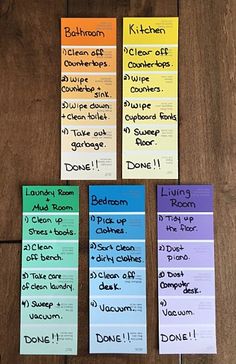 four sticky notes with words on them sitting on top of a wooden floor next to each other