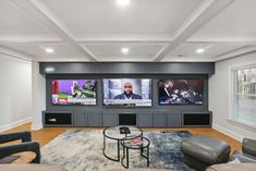 Client wanted space to watch Sunday football and entertain friends. Farmhouse Gameroom, Basement Tv Wall, Cinema Room Design, Lounge Pool, Home Wet Bar, Theater Room Design, Hangout Room, Basement Furniture, Man Cave Room