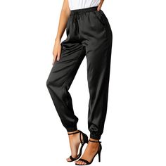 Allegra K Women's Drawstring Elastic Waist Athleisure Pants Ankle Length Satin Joggers with Pocket Black X-Small Planet Fashion, Loft Fashion, Athleisure Pants, Satin Joggers, Satin Pants, Stylish Pants, Elastic Waist Pants, Chic Woman, Bottom Clothes