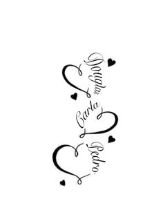 the word love is written in cursive writing on a white background with hearts