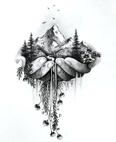 a drawing of two hands holding trees and mountains