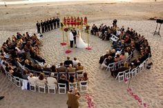 an aerial view of a wedding ceremony on the beach with people standing in front of it