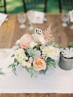 the table is set with flowers and candles