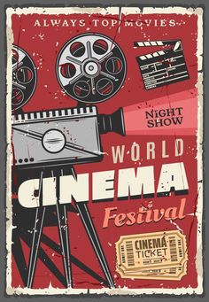 an old movie poster with the words world cinema festival and film reels on it