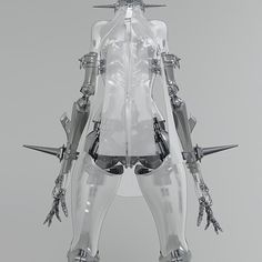 a futuristic woman is standing with her hands on her hips and holding two swords in one hand