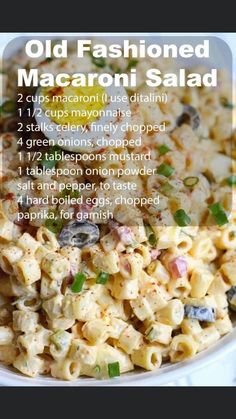 an old fashioned macaroni salad recipe in a bowl