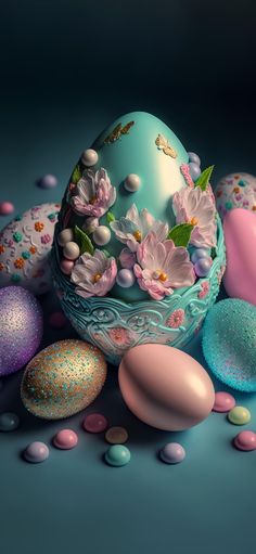 an easter egg surrounded by colorful eggs and flowers