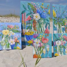 four paintings on the beach with flowers in vases