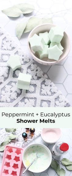 the ingredients for peppermint + eucalyptus plus shower melts are shown in bowls