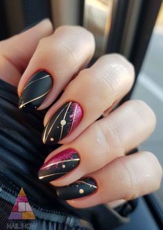 Elevate your nail art game with these sophisticated acrylic nail designs. The deep, velvety black pairs with luxurious gold details for a dramatic, fun nails look that's sure to turn heads. Inspire your next manicure with more designs at nailhow.com. Red Black Gold Nails, Freestyle Nails, Trendy Summer Nails, Black Gold Nails, Back To School Nails, Beachy Vibes, School Nails, Party Nails, Nail Envy