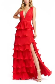 Ieena for Mac Duggal Tiered Ruffle A-Line Gown | Nordstrom Event Clothes, V Neck Gown, Evening Gowns Online, Neutral Dresses, Engagement Party Dresses, Spring Wedding Guest Dress, Maid Of Honour Dresses, Bridal Bridesmaid Dresses, Bride Groom Dress