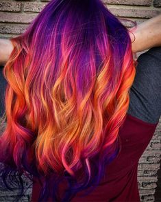 Another view of this fire 🔥 🔥🔥🔥using my favorite @pulpriothair @brazilianbondbuilder @framar Purple Halloween Hair, Red Purple And Blonde Hair, Sunset Hair Color Peek A Boo, Short Fun Colored Hair, Fire Colored Hair, Bright Summer Hair Color, Fire Hair Color Short, Phoenix Hair Color