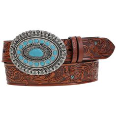 Hooey Original Belt Collection This Hooey original ladies belt features tan floral embossing & turquoise detailing with faux turquoise aztec & scalloped rodeo buckle. Heat branded & Color washed Genuine leather Ladies Size Scale : 1.5" wide S (30"-32") ,M (34"-36"), L (38",40") , XL ( 40" -42"), XXL (42" -44") Designer size recommendations: - measure waist where you plan on your belt sitting/what style of jeans you are using (ex: hip huggers & high waisted jeans will require a different size bel Turquoise Bohemian Belt With Concho, Belt Buckle Display, Buckle Display, Turquoise Belt Buckle, Hip Huggers, Belt Collection, Ladies Belt, Measure Waist, Turquoise Belt