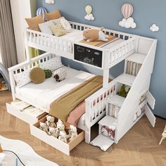 a child's bedroom with bunk beds, stairs and storage space for toys or books