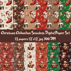 christmas themed seamless digital paper set with santa clauss and reindeers on them