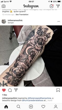 a woman's arm with flowers and an old fashioned clock tattoo on her forearm