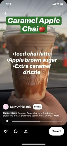 someone holding up a cup of coffee in their hand with the caption caramel apple chai