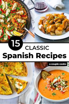 the top ten classic spanish dishes are shown in this collage with text overlay