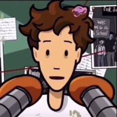 an animated image of a young man with brown hair and white t - shirt, standing in front of a computer screen