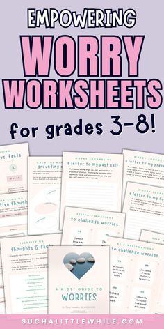 Anxiety Worksheets for Kids: Empowering Worry Worksheets for grades 3-8! (Image includes the layflat PDF pages of the Anxiety Worksheets for Kids.) By Suchalittlewhile.com Challenging Thoughts, Calming Exercises, Challenge Negative Thoughts, Worksheets For Grade 3, Healthy Coping Skills, Kids Worksheets, Grounding Techniques